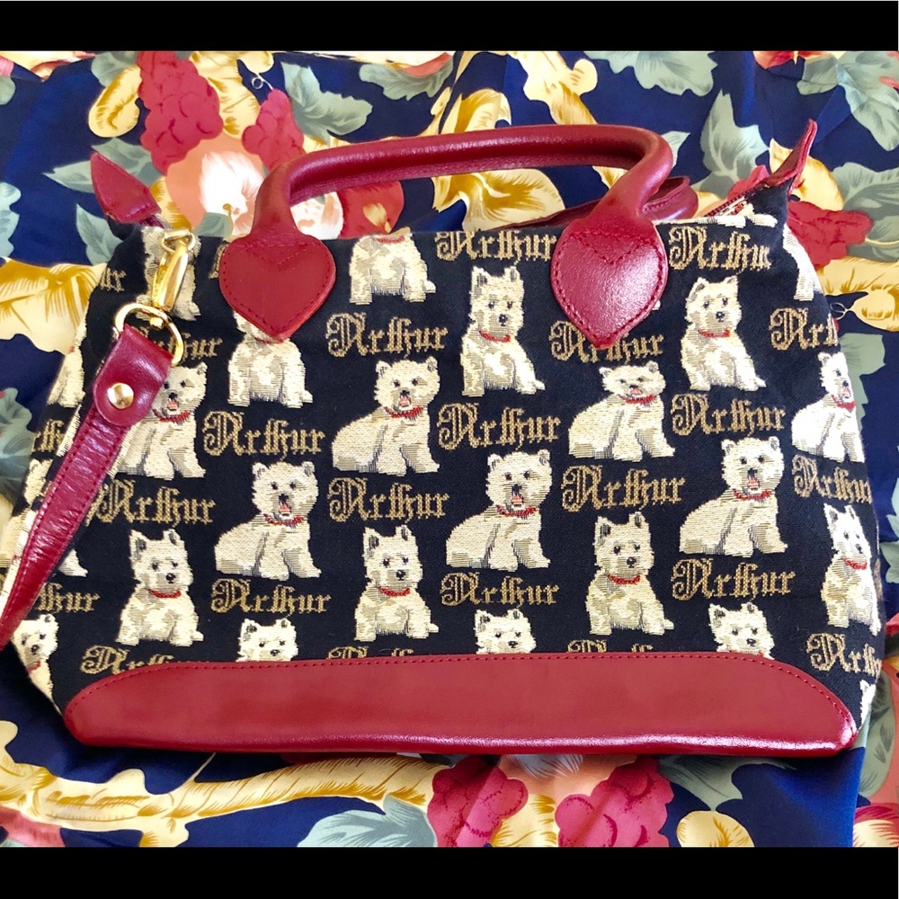 Fabric purse trimmed in red leather. From Hungary